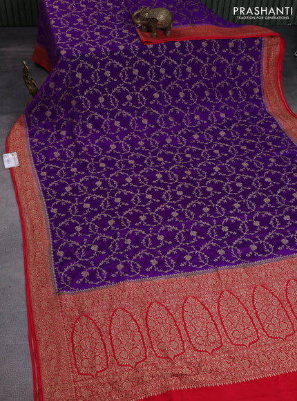 Banarasi crepe saree violet and red with allover thread & zari weaves and woven border
