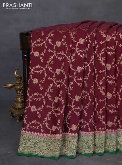 Banarasi crepe saree wine shade and green with allover thread & zari weaves and woven border
