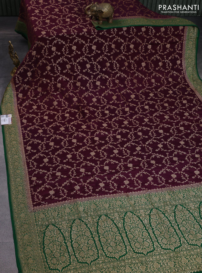 Banarasi crepe saree wine shade and green with allover thread & zari weaves and woven border