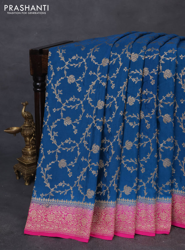 Banarasi crepe saree peacock blue and pink with allover thread & zari weaves and woven border