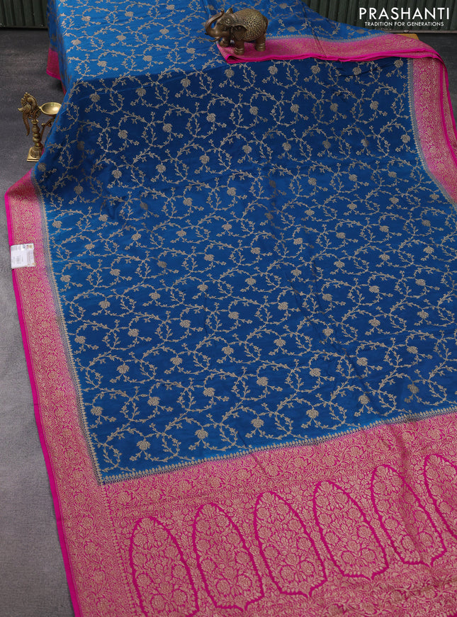 Banarasi crepe saree peacock blue and pink with allover thread & zari weaves and woven border