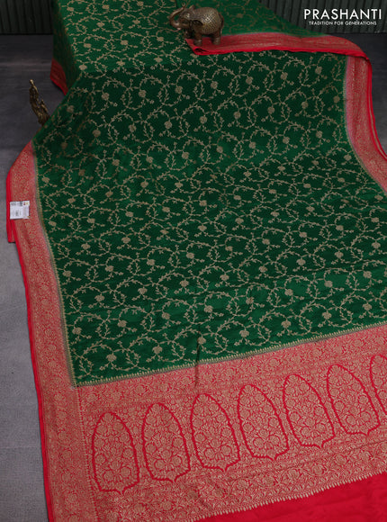 Banarasi crepe saree green and red with allover thread & zari weaves and woven border