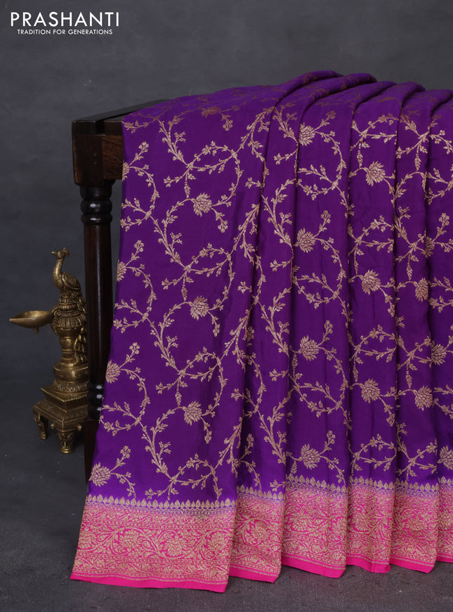 Banarasi crepe saree violet and pink with allover thread & zari weaves and woven border