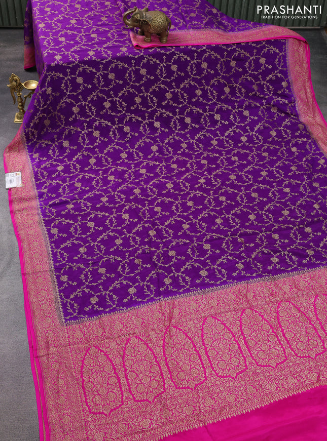 Banarasi crepe saree violet and pink with allover thread & zari weaves and woven border