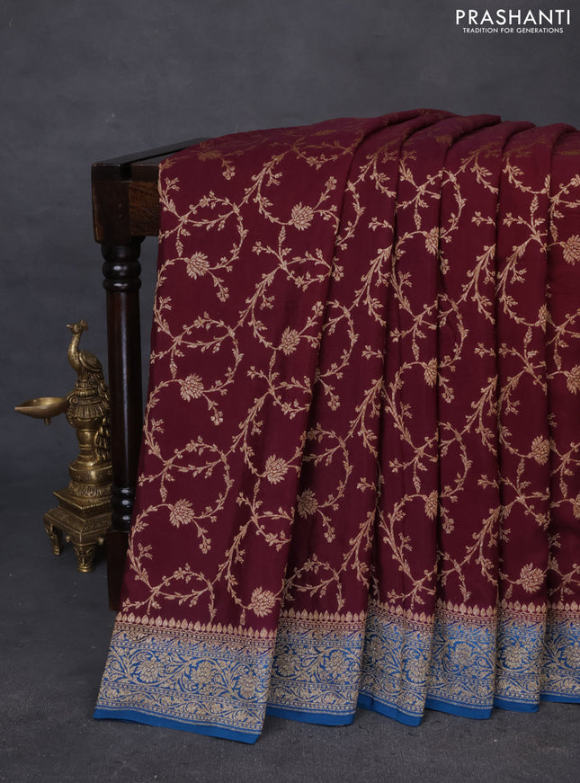 Banarasi crepe saree wine shade and cs blue with allover thread & zari weaves and woven border