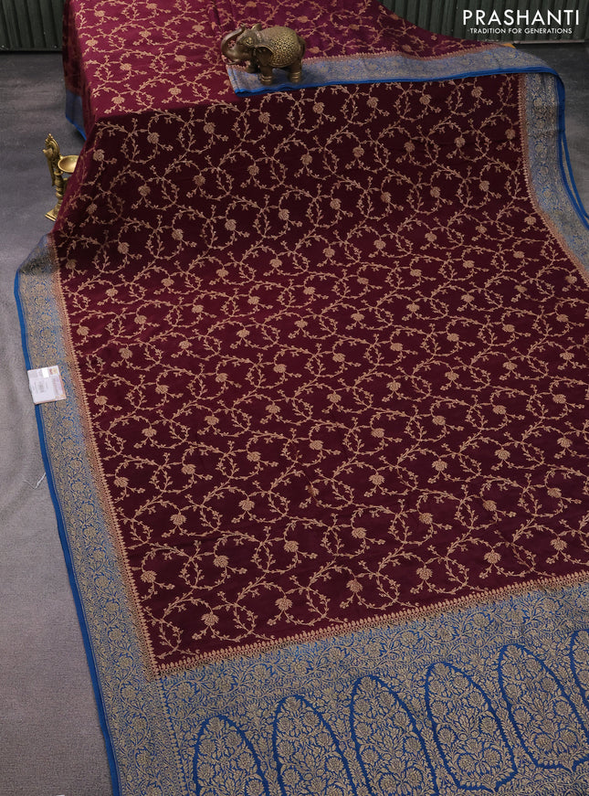 Banarasi crepe saree wine shade and cs blue with allover thread & zari weaves and woven border