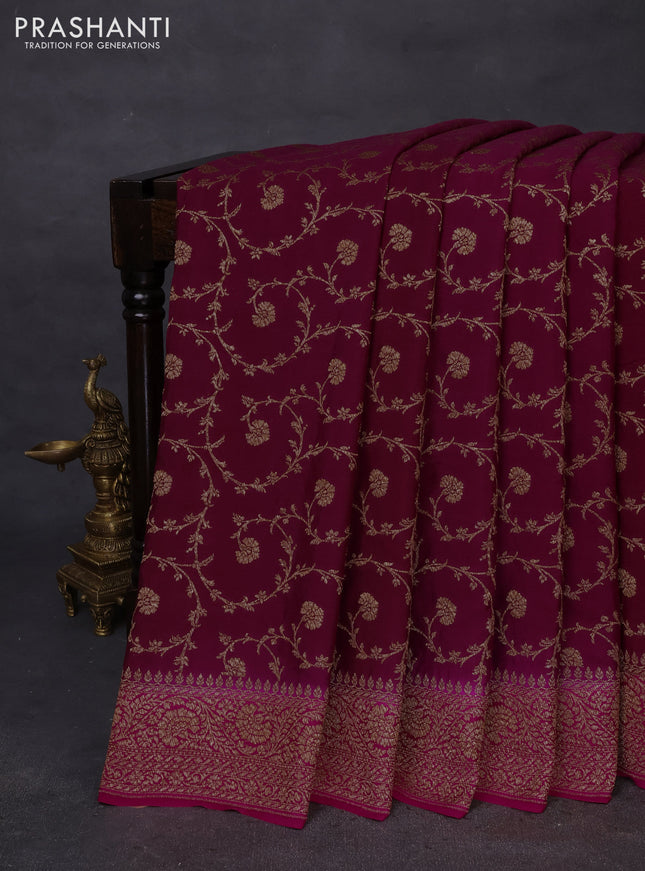 Banarasi crepe saree wine shade and pink with allover thread & zari weaves and woven border