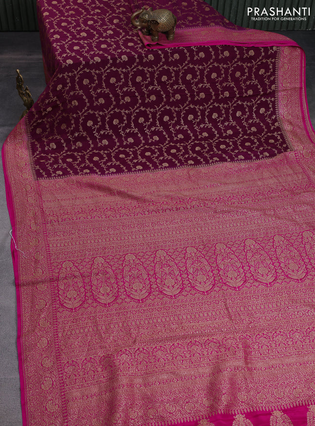 Banarasi crepe saree wine shade and pink with allover thread & zari weaves and woven border