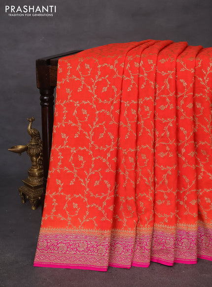 Banarasi crepe saree orange and pink with allover thread & zari weaves and woven border