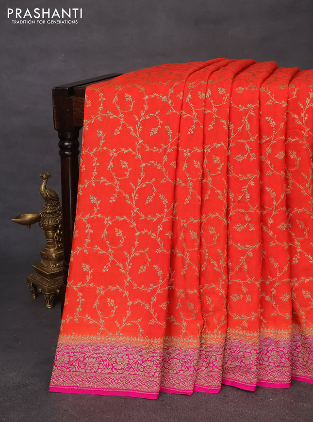 Banarasi crepe saree orange and pink with allover thread & zari weaves and woven border