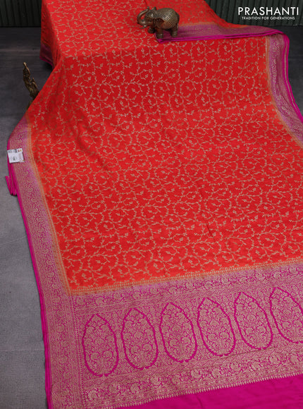 Banarasi crepe saree orange and pink with allover thread & zari weaves and woven border
