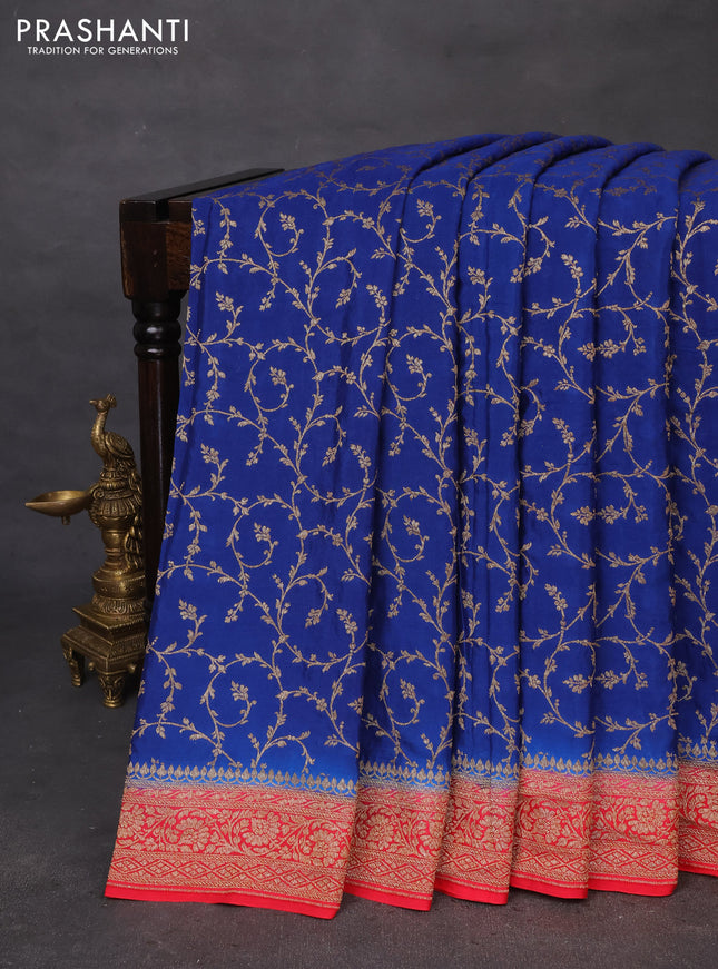 Banarasi crepe saree blue and red with allover thread & zari weaves and woven border