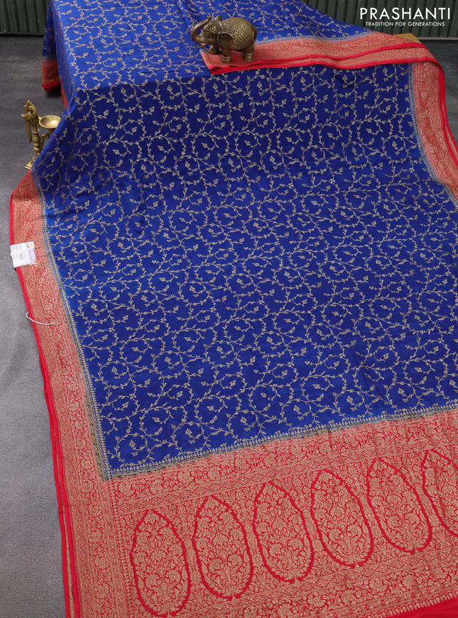 Banarasi crepe saree blue and red with allover thread & zari weaves and woven border