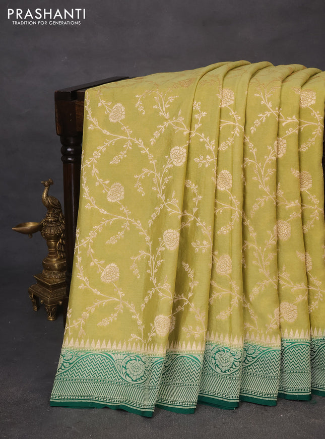 Banarasi crepe saree lime yellow and dark green with allover thread & zari weaves and woven border