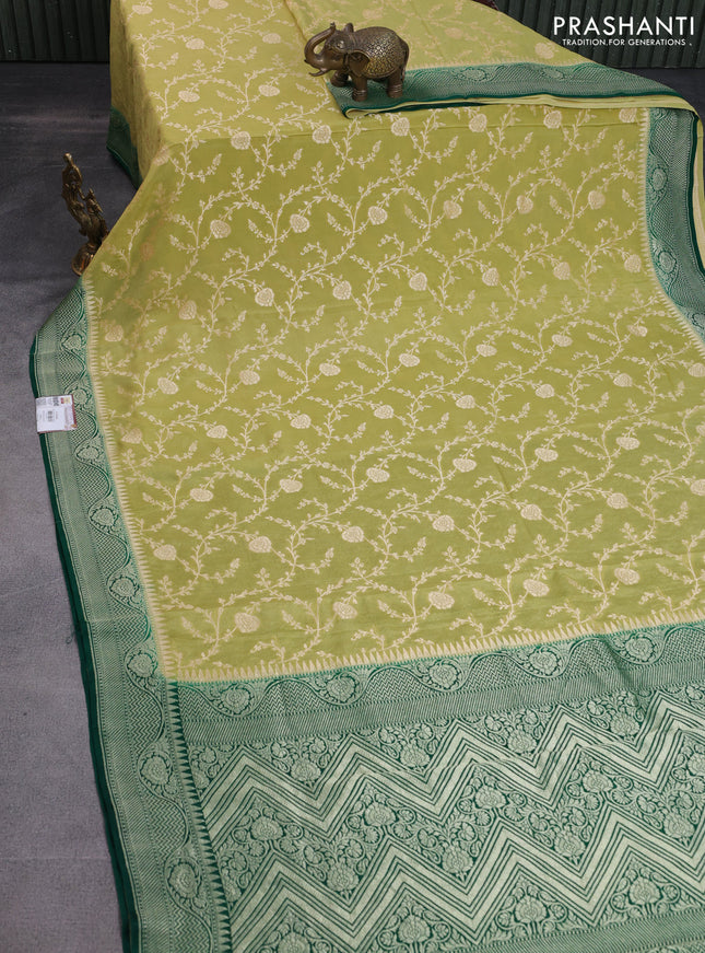 Banarasi crepe saree lime yellow and dark green with allover thread & zari weaves and woven border