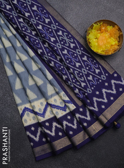 Semi patola saree grey and blue with geometric butta weaves and zari woven border