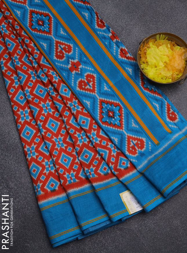 Semi patola saree red and cs blue with allover ikat weaves and simple border