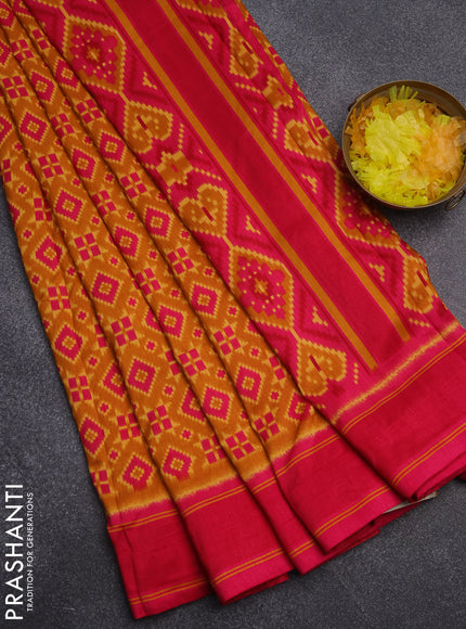 Semi patola saree mustard yellow and pink with allover ikat weaves and simple border
