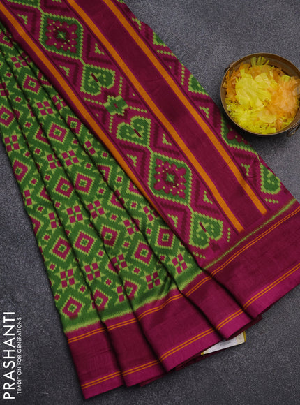 Semi patola saree green and dark magenta pink with allover ikat weaves and simple border
