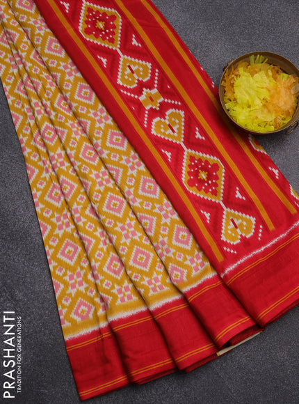 Semi patola saree yellow and red with allover ikat weaves and simple border