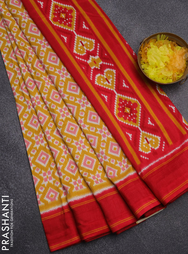 Semi patola saree yellow and red with allover ikat weaves and simple border