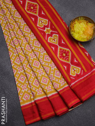 Semi patola saree yellow and red with allover ikat weaves and simple border