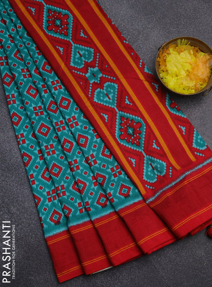 Semi patola saree teal green and red with allover ikat weaves and simple border