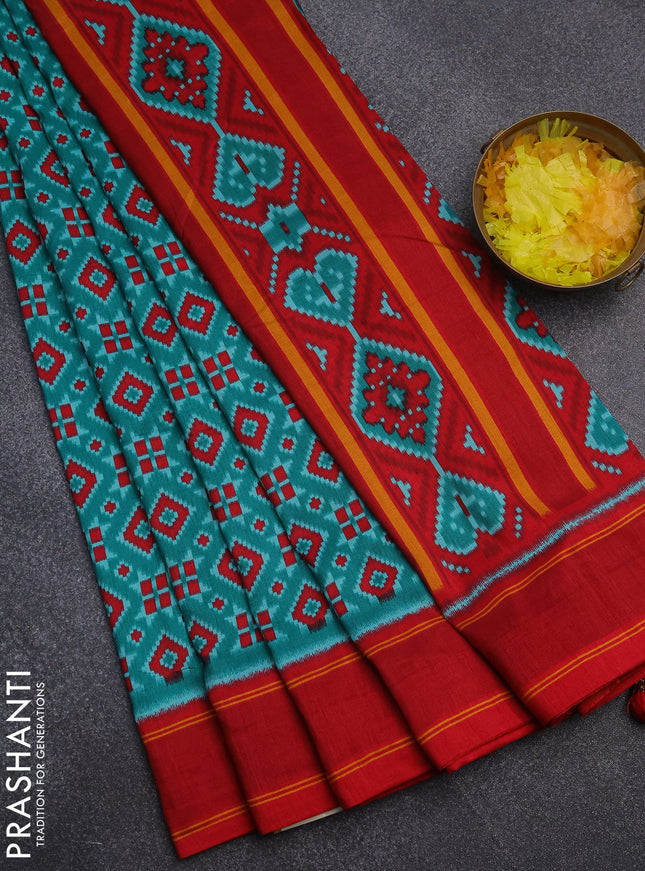 Semi patola saree teal green and red with allover ikat weaves and simple border