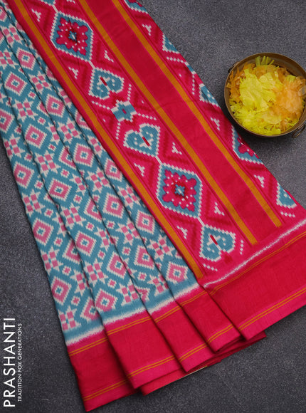 Semi patola saree teal blue and pink with allover ikat weaves and simple border