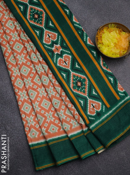 Semi patola saree pale orange and dark green with allover ikat weaves and simple border