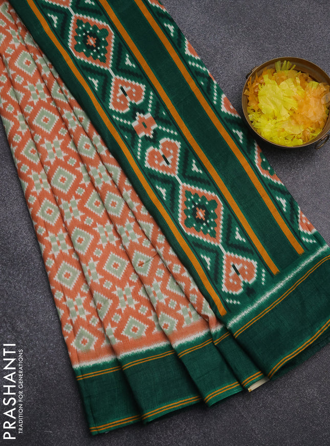 Semi patola saree pale orange and dark green with allover ikat weaves and simple border