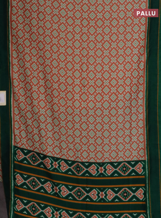 Semi patola saree pale orange and dark green with allover ikat weaves and simple border