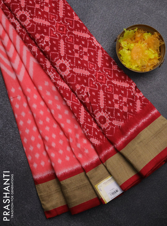 Semi patola saree peach pink and maroon with allover ikat weaves and woven border