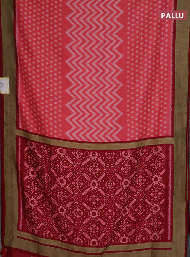 Semi patola saree peach pink and maroon with allover ikat weaves and woven border