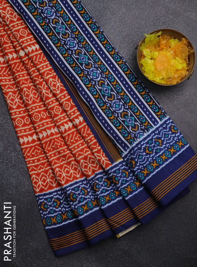 Semi patola saree orange and blue with allover ikat prints and simple border