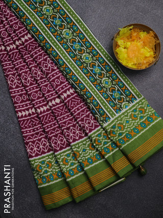 Semi patola saree wine shade and green with allover ikat prints and simple border