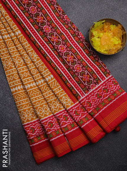 Semi patola saree mustard yellow and red with allover ikat prints and simple border