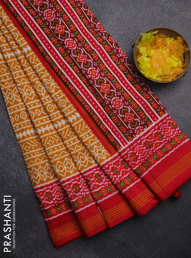 Semi patola saree mustard yellow and red with allover ikat prints and simple border