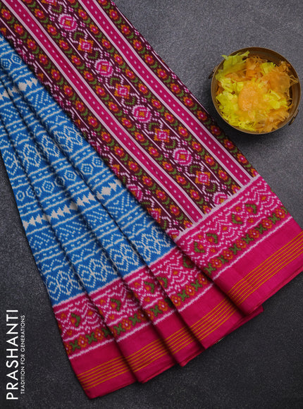 Semi patola saree cs blue and pink with allover ikat prints and simple border