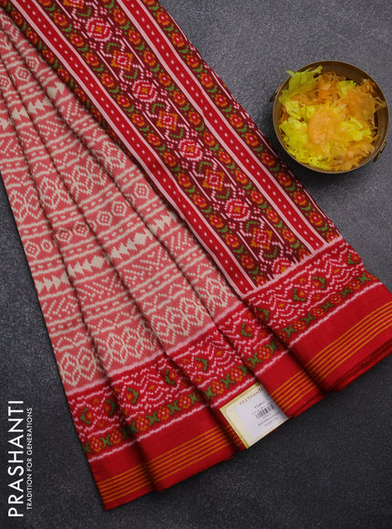 Semi patola saree peach pink and red with allover ikat prints and simple border