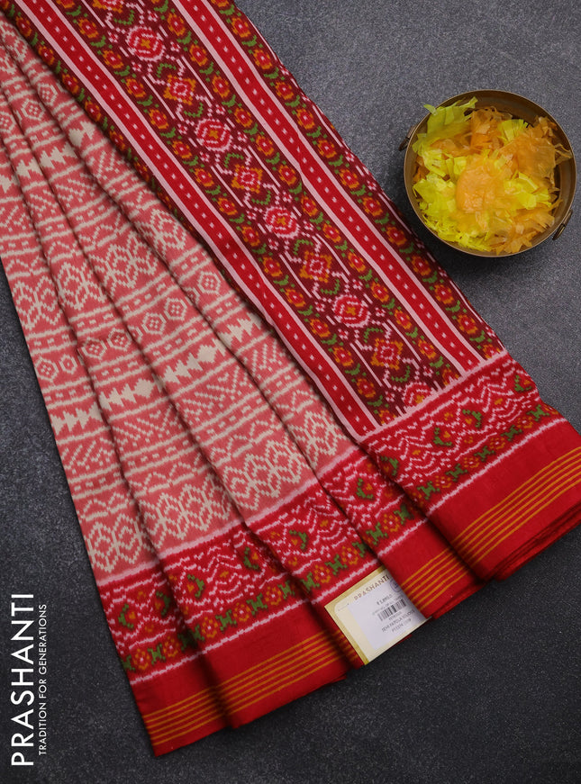 Semi patola saree peach pink and red with allover ikat prints and simple border