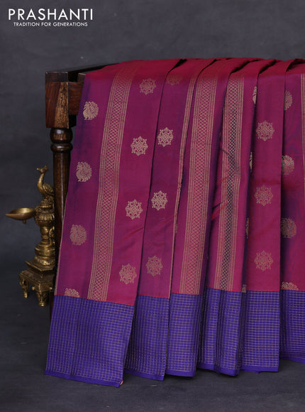 Kanchipuram silk saree dual shade of purple and blue with allover zari weaves & buttas and zari woven checked border
