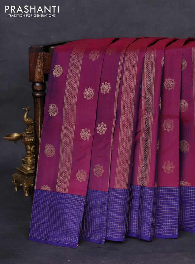 Kanchipuram silk saree dual shade of purple and blue with allover zari weaves & buttas and zari woven checked border