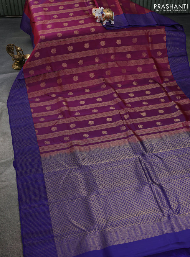 Kanchipuram silk saree dual shade of purple and blue with allover zari weaves & buttas and zari woven checked border