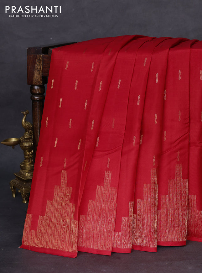 Kanchipuram silk saree red and blue with zari woven buttas and temple design zari woven border