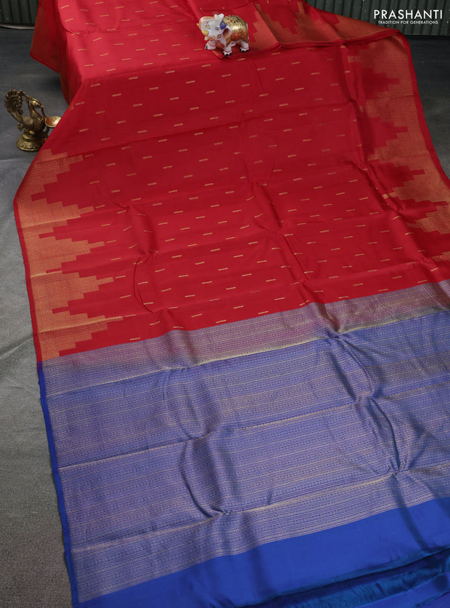 Kanchipuram silk saree red and blue with zari woven buttas and temple design zari woven border
