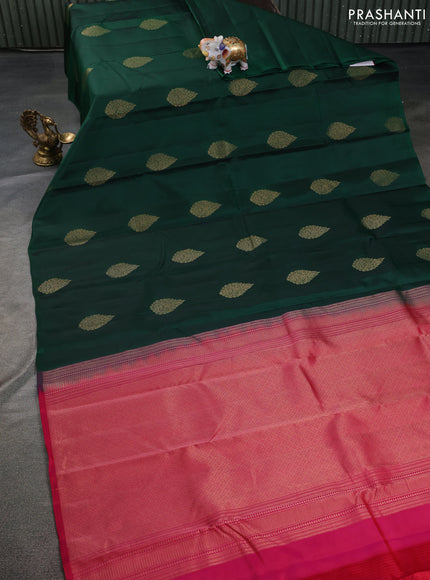 Kanchipuram silk saree bottle green and pink with zari woven buttas in borderless style