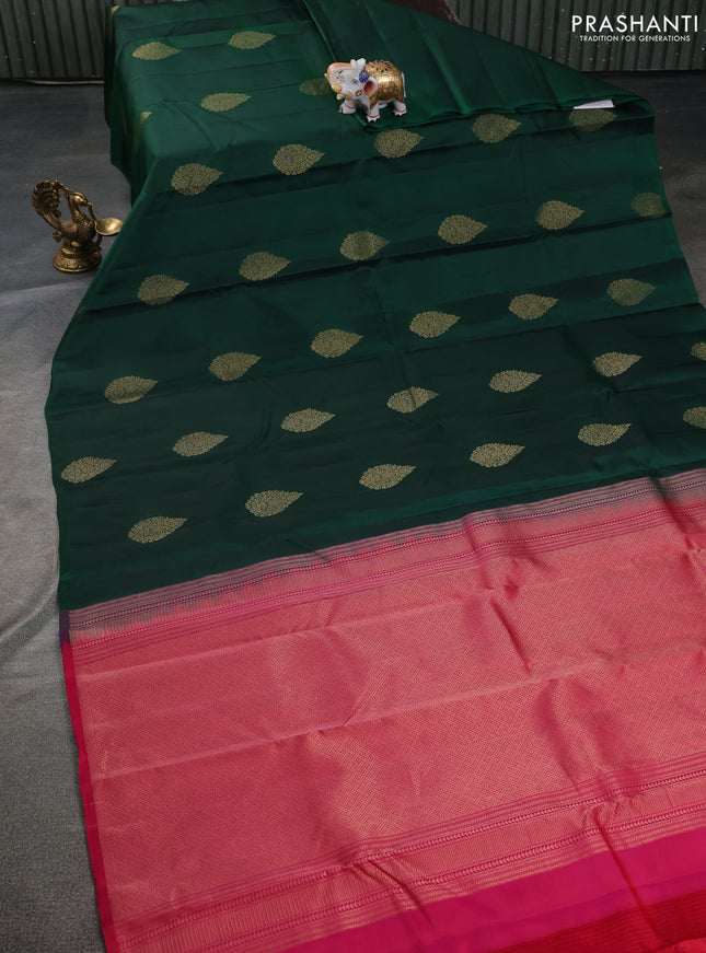 Kanchipuram silk saree bottle green and pink with zari woven buttas in borderless style