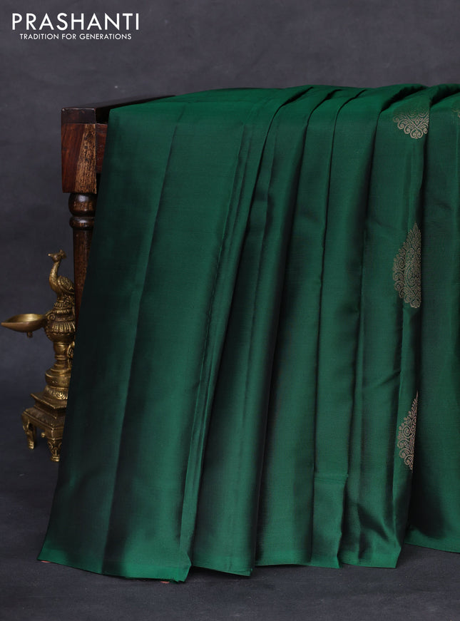 Kanchipuram silk saree green and red with zari woven buttas in borderless style