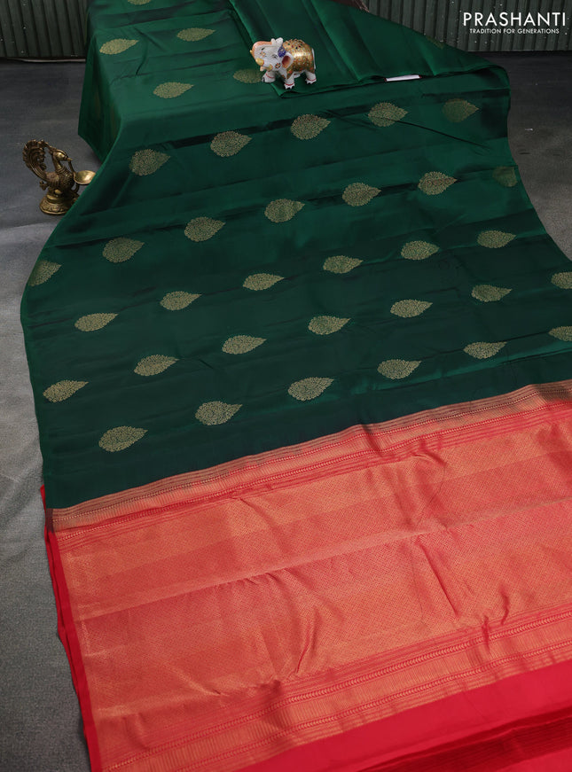 Kanchipuram silk saree green and red with zari woven buttas in borderless style